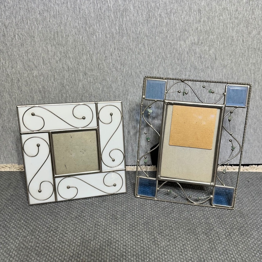 Connoisseur Stained Glass Picture Frames Set 2 White Scroll Blue Stone Bead Art